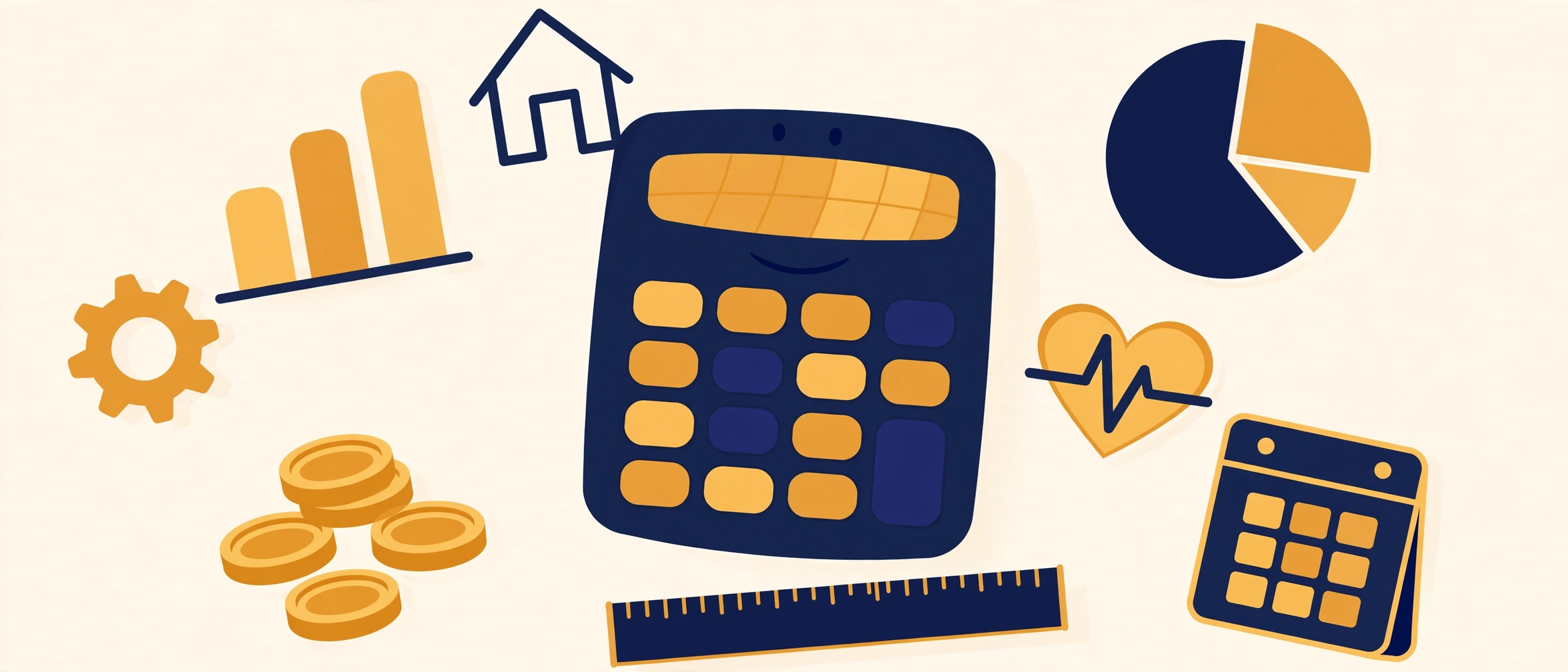 Calculator with charts, coins and calendar illustration